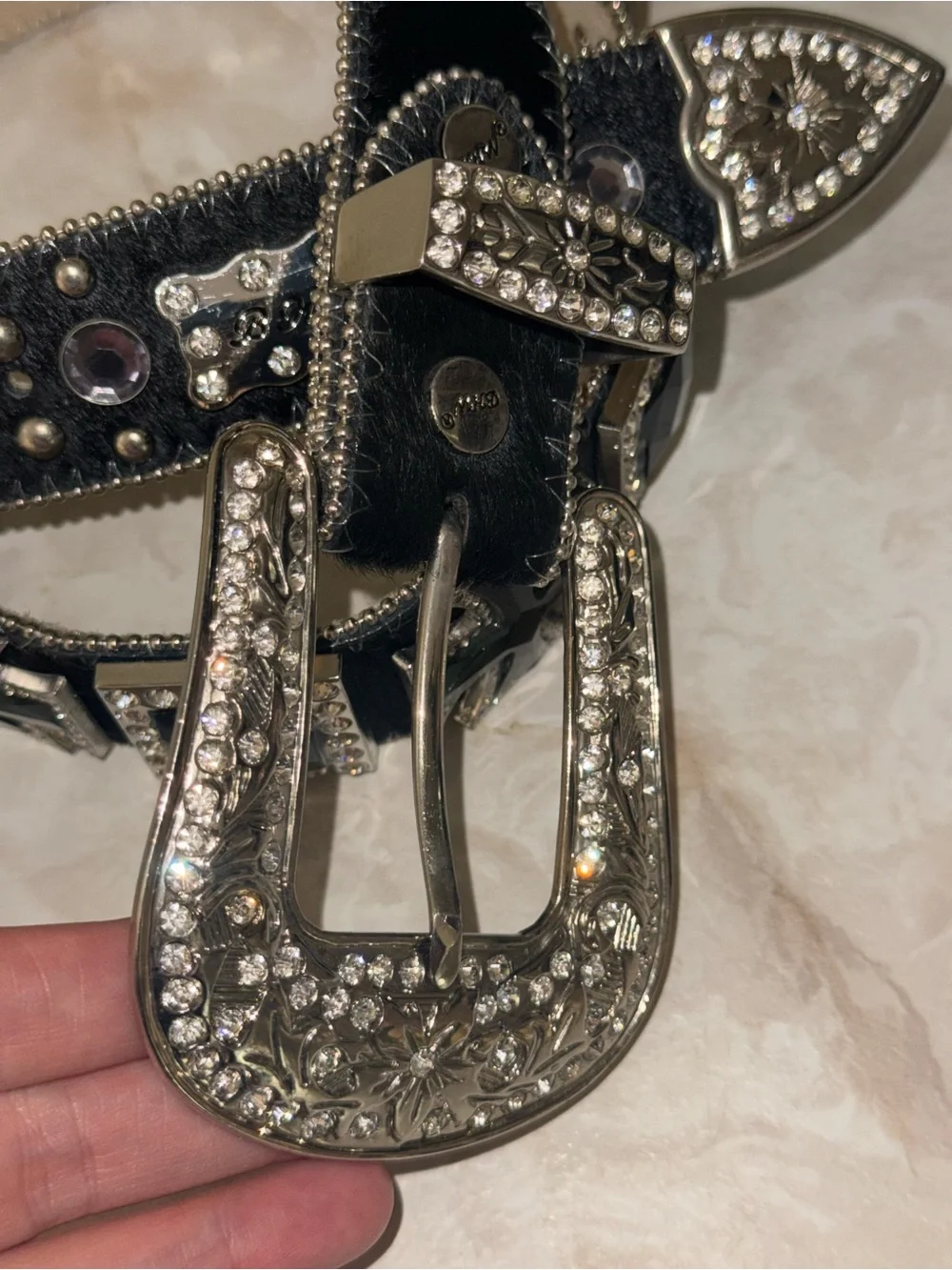 Black Studded Western Belt with Decorative Silver Buckle